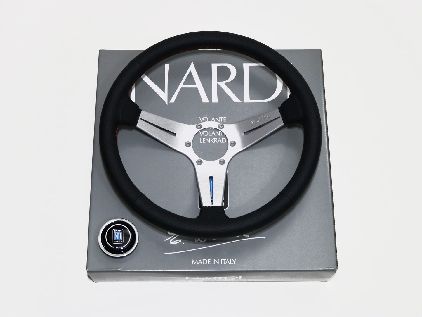 350mm Nardi Deep Corn - Black Perforated Leather / Silver Spokes / Red Stitching / 75mm Dish