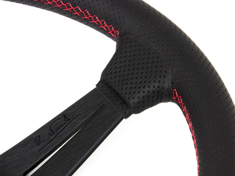350mm Nardi Deep Corn - Black Perforated Leather / Black Spokes / Red Stitching / 80mm Dish