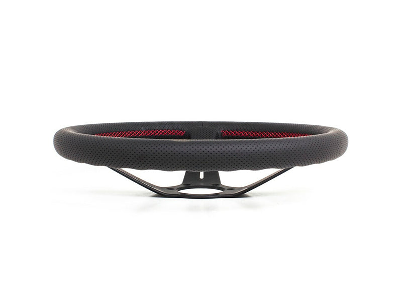 350mm Nardi Deep Corn - Black Perforated Leather / Black Spokes / Red Stitching / 80mm Dish