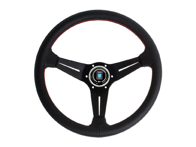 350mm Nardi Deep Corn - Black Perforated Leather / Black Spokes / Red Stitching / 80mm Dish