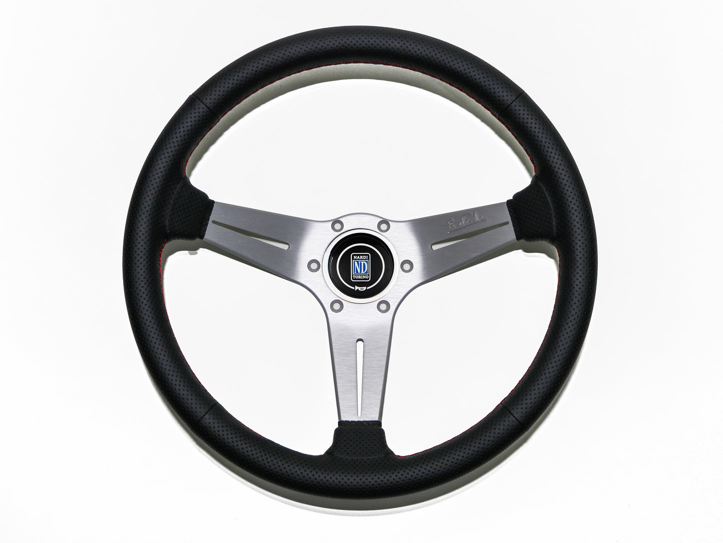 350mm Nardi Deep Corn - Black Perforated Leather / Silver Spokes / Red Stitching / 75mm Dish