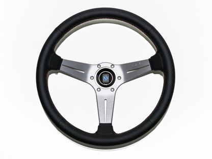 350mm Nardi Deep Corn - Black Perforated Leather / Silver Spokes / Red Stitching / 75mm Dish