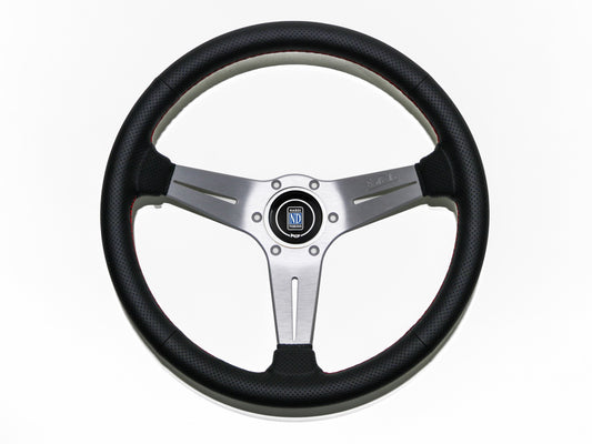 350mm Nardi Deep Corn - Black Perforated Leather / Silver Spokes / Red Stitching / 75mm Dish