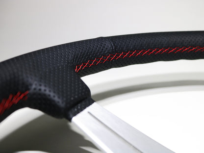 350mm Nardi Deep Corn - Black Perforated Leather / Silver Spokes / Red Stitching / 75mm Dish