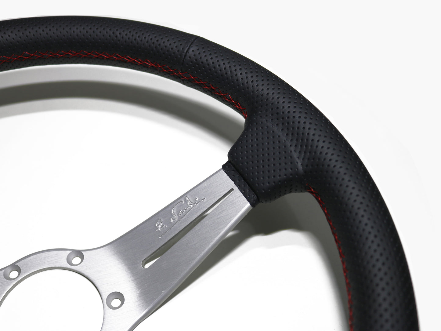 350mm Nardi Deep Corn - Black Perforated Leather / Silver Spokes / Red Stitching / 75mm Dish