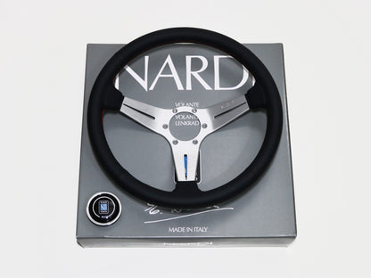 350mm Nardi Deep Corn - Black Perforated Leather / Silver Spokes / Red Stitching / 75mm Dish